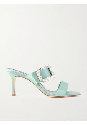 Manolo Blahnik - Mayjousan 70 Crystal-embellished Satin Mules - Green - IT36,IT36.5,IT37,IT37.5,IT38,IT38.5,IT39,IT39.5,IT40,IT40.5,IT41,IT41.5,IT42,IT43