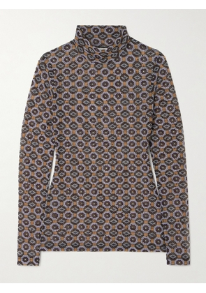Dries Van Noten - Crystal-embellished Printed Stretch-mesh Turtleneck Top - Brown - x small,small,medium,large