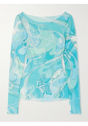 PUCCI - Printed Stretch-tulle Top - Blue - IT38,IT40,IT42,IT44,IT46,IT48