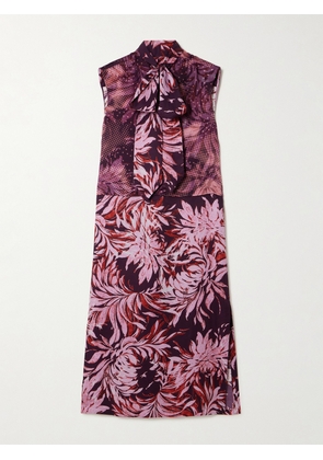 Dries Van Noten - Tie-neck Floral-print Satin Midi Dress - Burgundy - FR 34,FR 36,FR 38,FR 40,FR 42,FR 44