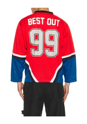 Badfriend Hockey Jersey in Red. Size L. Also in M, S, XL/1X.