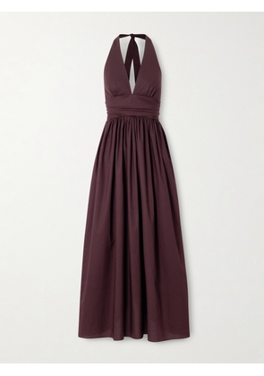 Matteau - Gathered Organic Cotton-poplin Halterneck Maxi Dress - Burgundy - 1,2,3,4,5