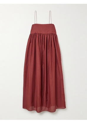 Matteau - Pintucked Organic Cotton And Silk-blend Maxi Dress - Burgundy - 1,2,3,4,5
