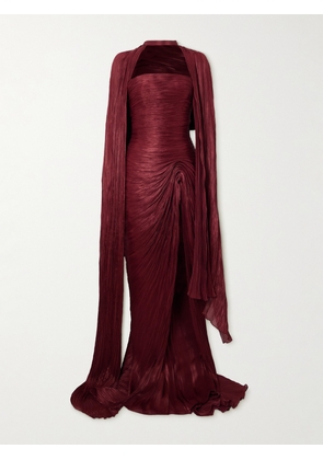 Marmar Halim - Strapless Plissé Silk-satin Gown And Cape - Burgundy - EU 36,EU 38,EU 40,EU 42,EU 44,EU 46