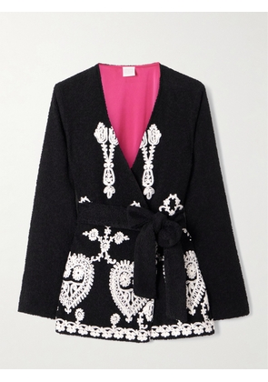 Loretta Caponi - Elbaite Belted Embroidered Wool-blend Bouclé Jacket - Black - x small,small,medium,large,x large