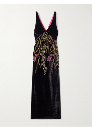 Loretta Caponi - Zaffiro Embroidered Crystal-embellished Velvet Midi Dress - Black - x small,small,medium,large,x large