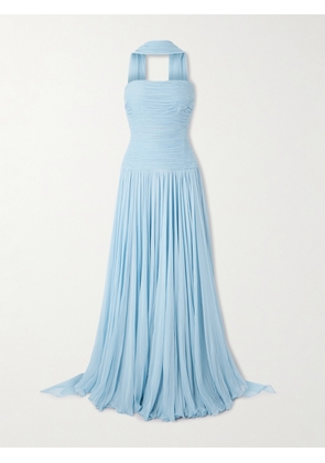 Marmar Halim - Strapless Scarf-detailed Plissé Silk-georgette Gown - Blue - EU 36,EU 38,EU 40,EU 42,EU 44,EU 46,EU 48