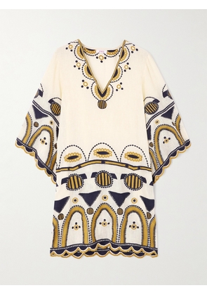 Eres - Medaillon Embroidered Linen-gauze Mini Dress - Cream - small,medium,large