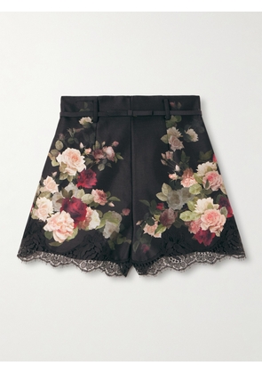 Zimmermann - Belted Lace-trimmed Floral-print Silk And Cotton-blend Twill Shorts - Black - 00,0,1,2