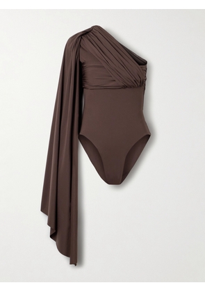 Maygel Coronel - Burano One-shoulder Cape-effect Gathered Draped Stretch-jersey Bodysuit - Brown - Petite,One Size,Extended