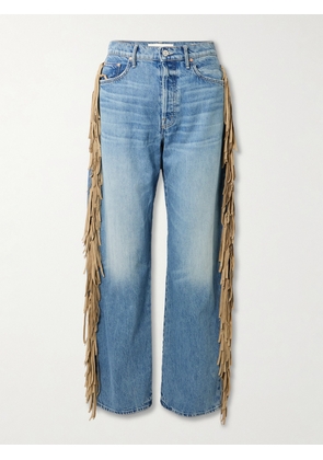 Mother - Fringe Half-pipe Sneak Fringed High-rise Barrel-leg Jeans - Blue - 23,24,25,26,27,28,29,30,31,32