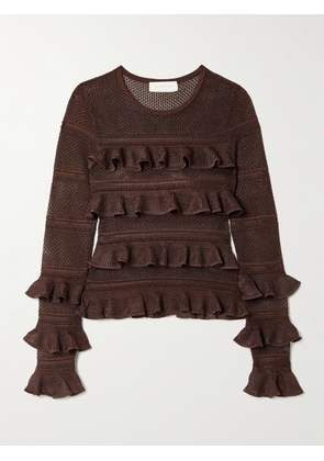 Zimmermann - Ruffled Metallic Pointelle-knit Top - Brown - 00,1,2,3,4