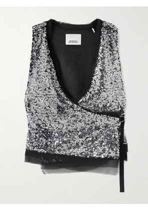 MARANT ÉTOILE - Tahina Tulle-trimmed Sequined Crepe Wrap Top - Silver - 01