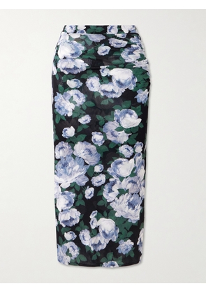 Stella McCartney - Ruched Floral-print Stretch-mesh Midi Skirt - Blue - xx small,x small,small,medium,large,x large