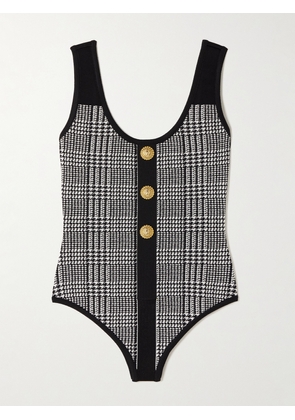 Balmain - Embellished Prince Of Wales Checked Stretch-knit Bodysuit - White - FR 34,FR 36,FR 38,FR 40,FR 42