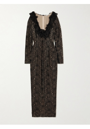 Alessandra Rich - Bow-embellished Ruffled Silk Organza-trimmed Lace Midi Dress - Black - IT36,IT38,IT40,IT42,IT44,IT46
