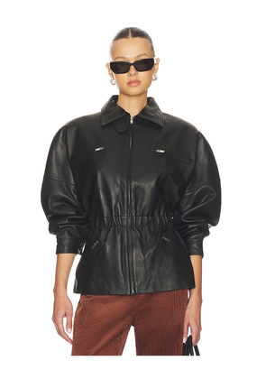 AEXAE Leather Cinched Mid Jacket in Black. Size L. Also in M, S, XS.