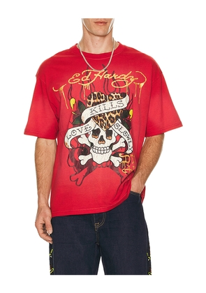 Ed Hardy Skull Boxy Tee in Red. Size L. Also in S, M, XL/1X.