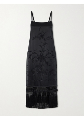 BODE - Fringed Embroidered Silk-satin Midi Dress - Black - x small,small,medium,large,x large