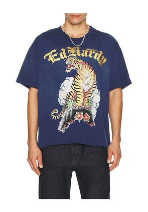 Ed Hardy Tiger Mountain Boxy Tee in Navy. Size L. Also in M, XL/1X.