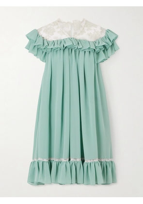 Chloé - Ruffled Lace-trimmed Silk Georgette Mini Dress - Green - FR 34,FR 36,FR 38,FR 40,FR 42