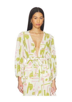 ADRIANA DEGREAS Balearic Voluminous Sleeves Blouse in Green,Pink. Size L. Also in M, S, XS.