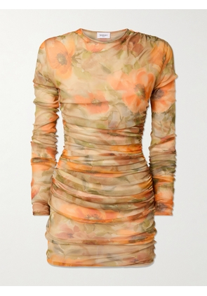 SAINT LAURENT - Ruched Floral-print Tulle Mini Dress - Orange - XS,S,M