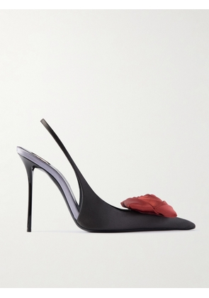 SAINT LAURENT - Amalia Appliquéd Satin Slingback Pumps - Black - EU 35,EU 35.5,EU 36,EU 36.5,EU 37,EU 37.5,EU 38,EU 38.5,EU 39,EU 39.5,EU 40,EU 40.5,EU 41.5,EU 42
