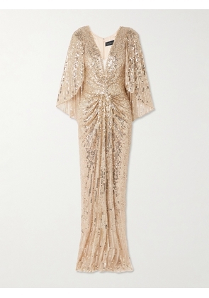 Jenny Packham - Carrie Cape-effect Draped Sequined Chiffon Gown - Gold - UK 6,UK 8,UK 10,UK 12,UK 14,UK 16,UK 18,UK 20