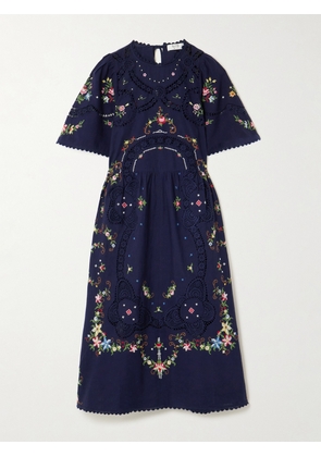 Sea - Edwina Floral Lace-trimmed Embroidered Cotton Midi Dress - Blue - x small,small,medium,large,x large
