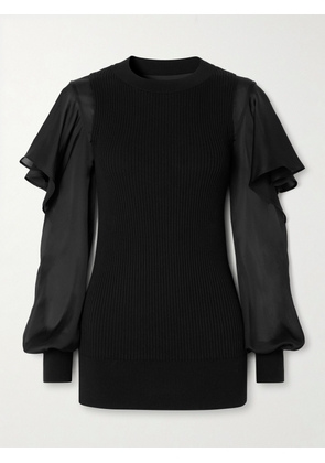 Sacai - Ribbed Cotton And Ruffled Chiffon Top - Black - 1,2,3,4