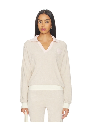 Barefoot Dreams Cozy Chic Ultra Lite Color Block Heart Collared Pullover in Tan. Size L. Also in XL, XS.