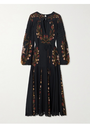 Farm Rio - Berry Garden Belted Floral-print Crepe De Chine Midi Dress - Black - xx small,x small,small,medium,large,x large