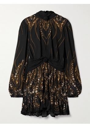 Farm Rio - Tie-neck Floral-print Georgette Mini Dress - Black - xx small,x small,small,medium,large,x large