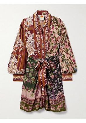 Farm Rio - Tie-detailed Floral-print Twill Mini Shirt Dress - Multi - xx small,x small,small,medium,large,x large