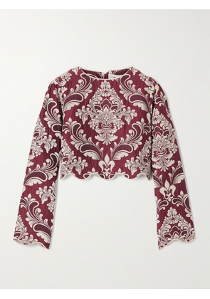 Farm Rio - Cropped Cotton-blend Jacquard Top - Burgundy - xx small,x small,small,medium,large,x large