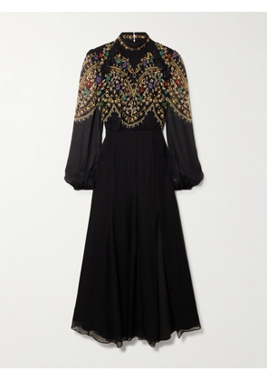 Saloni - Jacqui-b Belted Printed Chiffon Midi Dress - Black - UK 4,UK 6,UK 8,UK 10,UK 12,UK 14,UK 16