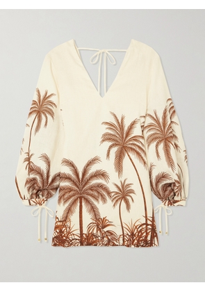 Andres Otalora - Y El Mar Printed Linen Mini Dress - Brown - US0,US2,US4,US6,US8,US10