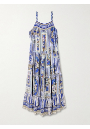 Camilla - Tie-detailed Lace-trimmed Tiered Printed Silk-satin Maxi Dress - Blue - XS/S,M/L