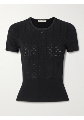 JW Anderson - Bow-detailed Recycled Pointelle-knit T-shirt - Black - xx small,x small,small,medium,large,x large,xx large