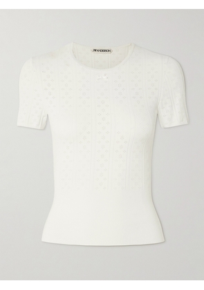 JW Anderson - Bow-detailed Recycled Pointelle-knit T-shirt - Off-white - xx small,x small,small,medium,large,x large,xx large