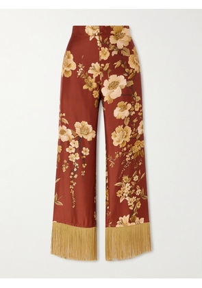 Borgo de Nor - Haven Fringed Floral-print Silk-twill Pants - Brown - UK 6,UK 8,UK 10,UK 12,UK 14,UK 16