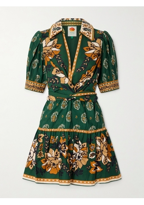 Farm Rio - Ayla Tie-front Floral-print Cotton-poplin Mini Dress - Green - xx small,x small,small,medium,large,x large