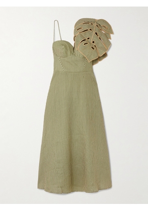Farm Rio - Appliquéd Striped Linen Midi Dress - Green - xx small,x small,small,medium,large,x large