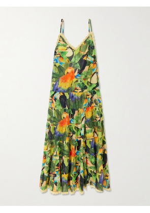 Farm Rio - Bird Leaves Crochet-trimmed Tiered Printed Cotton Maxi Dress - Green - x small,small,medium,large,x large