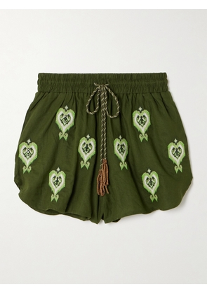 Farm Rio - Embellished Embroidered Linen-blend Shorts - Green - xx small,x small,small,medium,large,x large