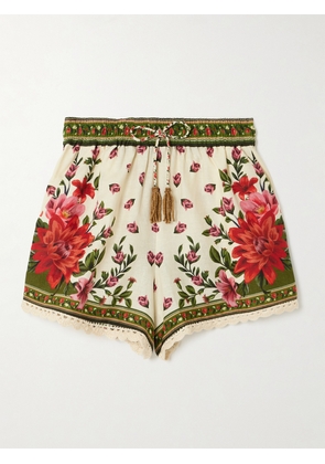 Farm Rio - Wonder Rio Embellished Crochet-trimmed Printed Linen-blend Shorts - Cream - xx small,x small,small,medium,large,x large