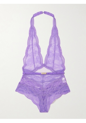 Gucci - Belted Stretch-lace And Silk-blend Tulle Halterneck Bodysuit - Purple - small,medium