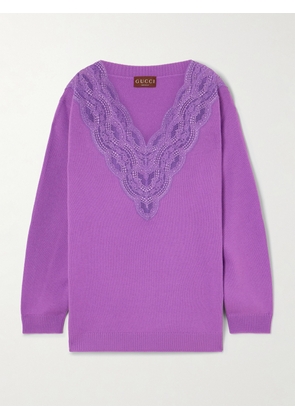 Gucci - Lace-trimmed Ribbed Wool And Cashmere-blend Sweater - Purple - x small,small,medium