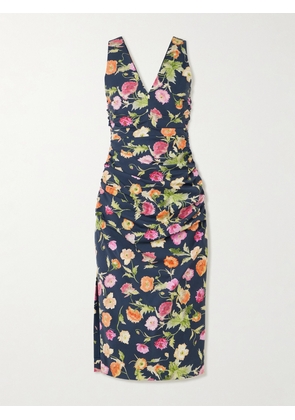 Carolina Herrera - Gathered Gathered Floral-print Stretch-cotton Midi Dress - Blue - US0,US2,US4,US6,US8,US10,US12